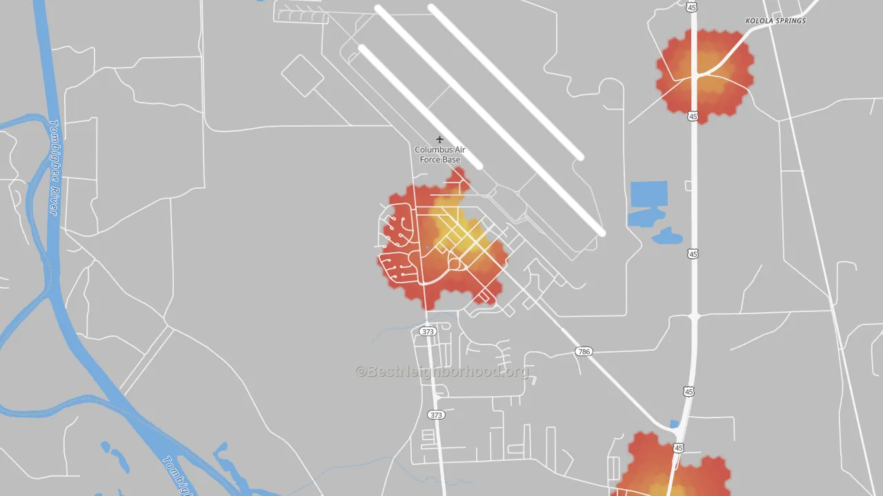 Walk Grade map of 39710, MS, walkable areas in green and car-dependent areas in red