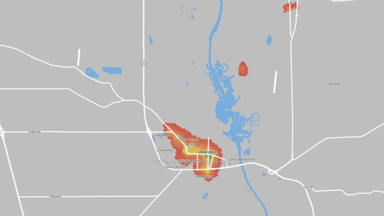 Walk Grade map of 39730, MS, walkable areas in green and car-dependent areas in red