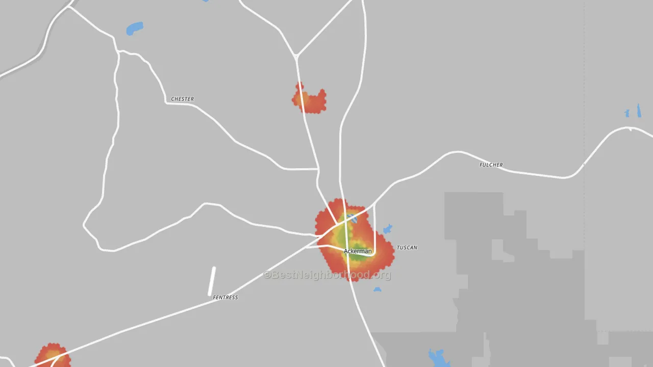 Walk Grade map of 39735, MS, walkable areas in green and car-dependent areas in red