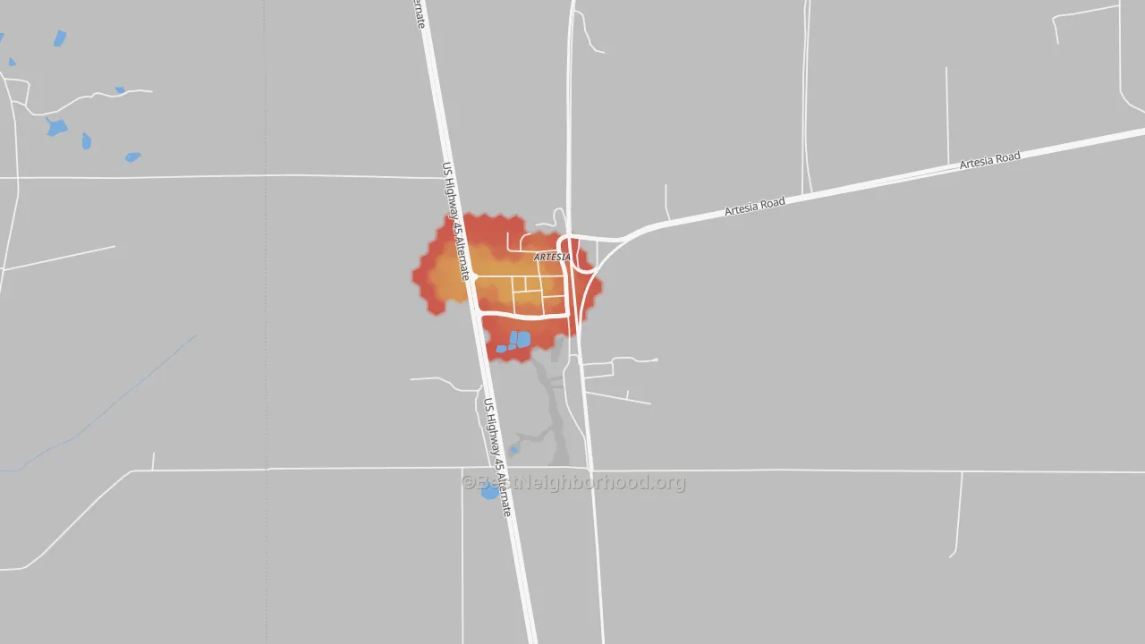 Walk Grade map of 39736, MS, walkable areas in green and car-dependent areas in red