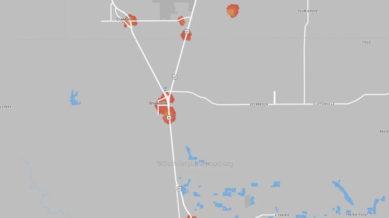 Walk Grade map of 39739, MS, walkable areas in green and car-dependent areas in red