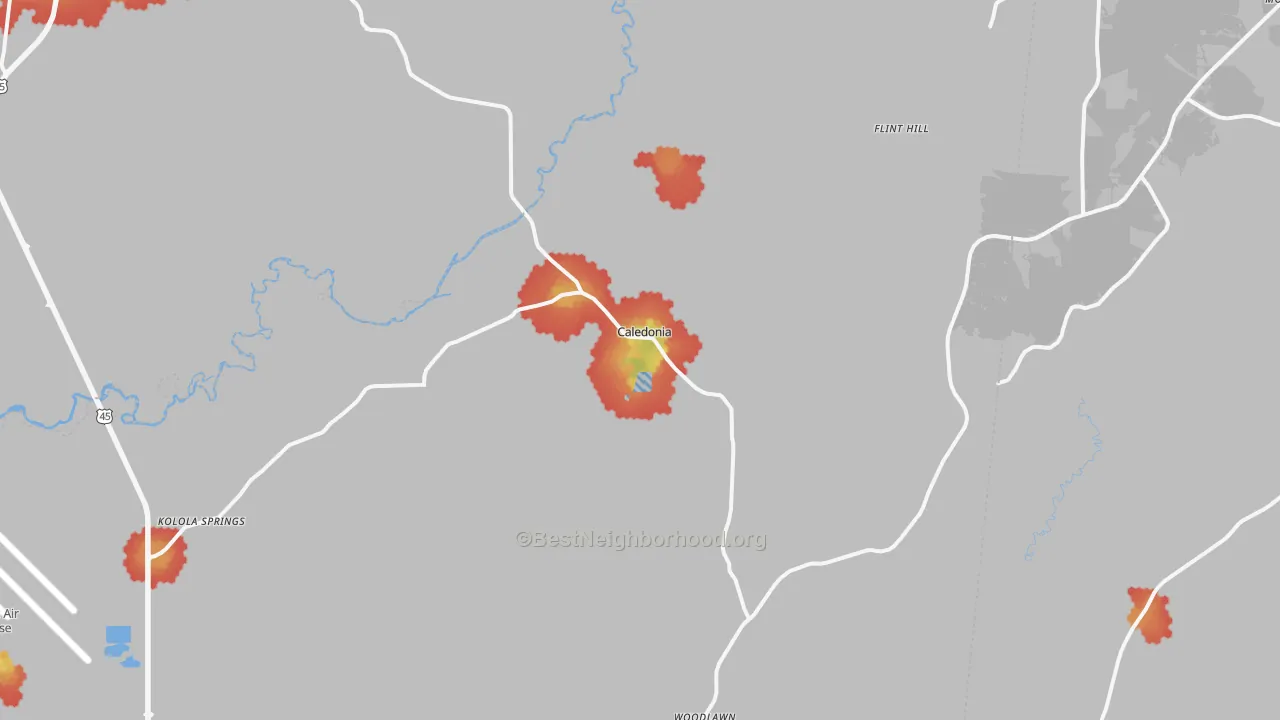 Walk Grade map of 39740, MS, walkable areas in green and car-dependent areas in red