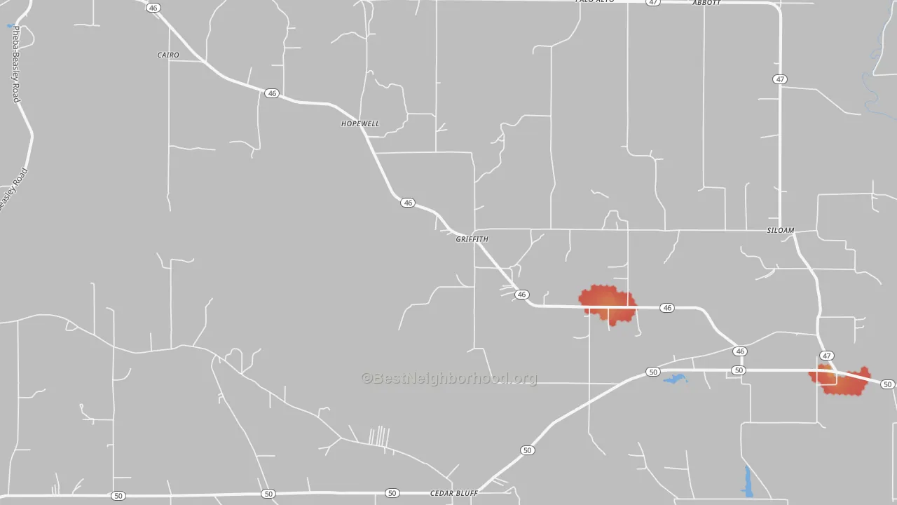 Walk Grade map of 39741, MS, walkable areas in green and car-dependent areas in red