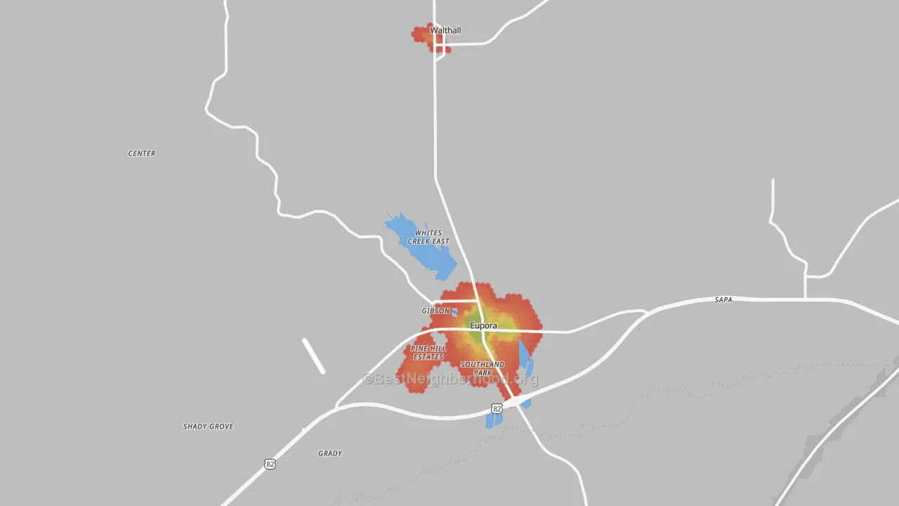 Walk Grade map of 39744, MS, walkable areas in green and car-dependent areas in red