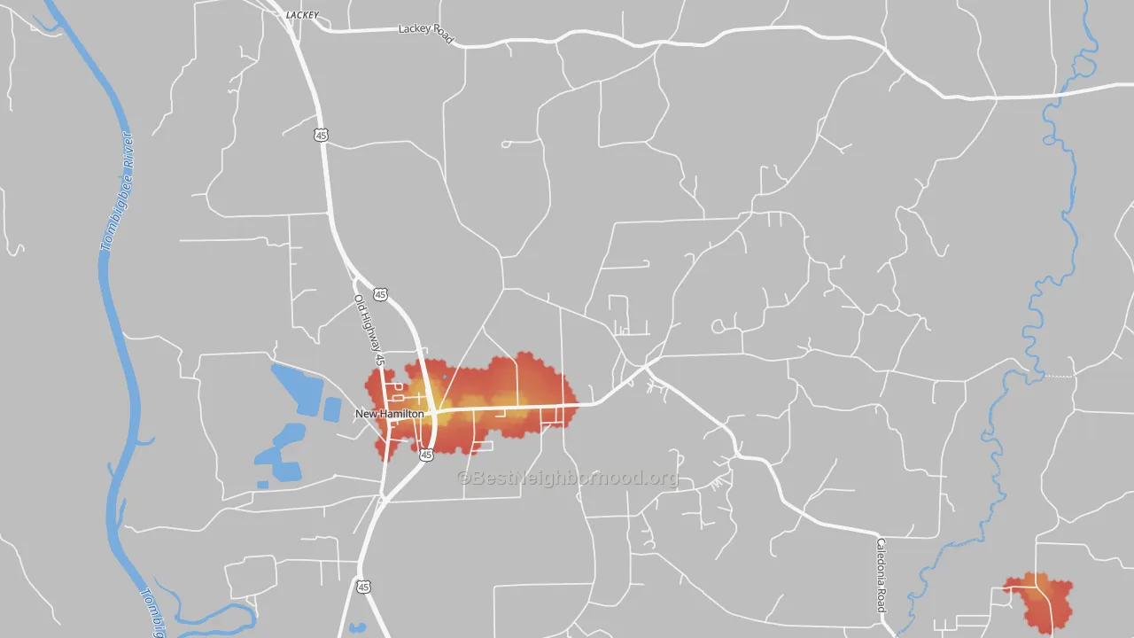 Walk Grade map of 39746, MS, walkable areas in green and car-dependent areas in red