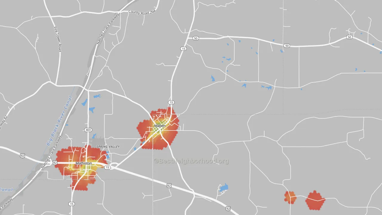Walk Grade map of 39750, MS, walkable areas in green and car-dependent areas in red