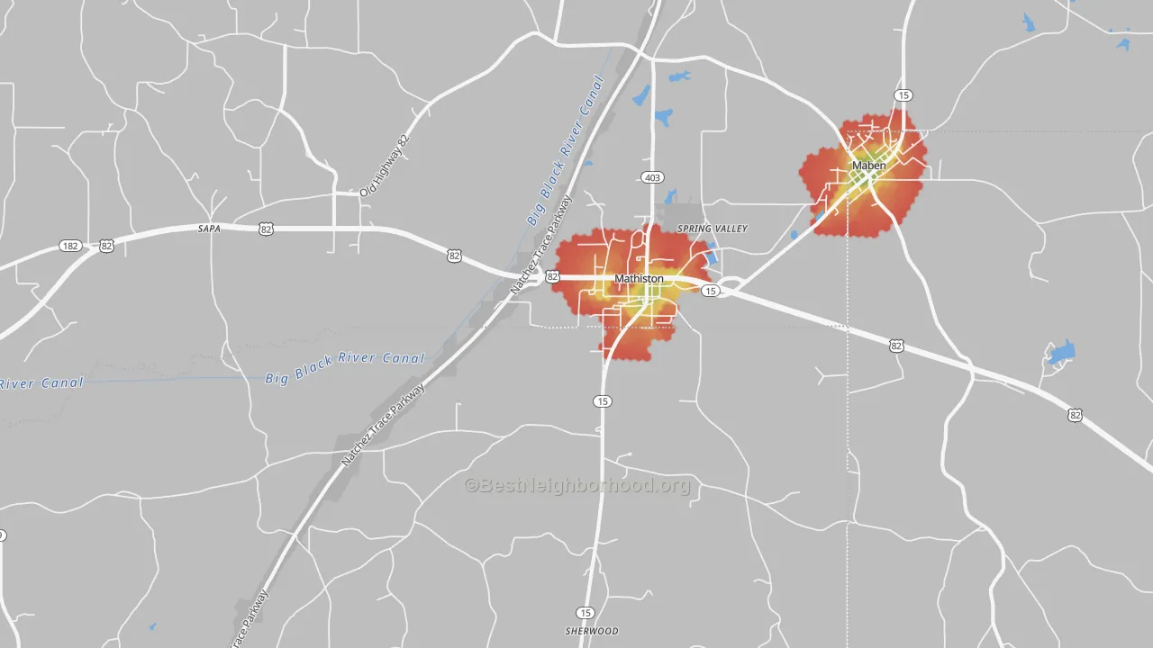 Walk Grade map of 39752, MS, walkable areas in green and car-dependent areas in red