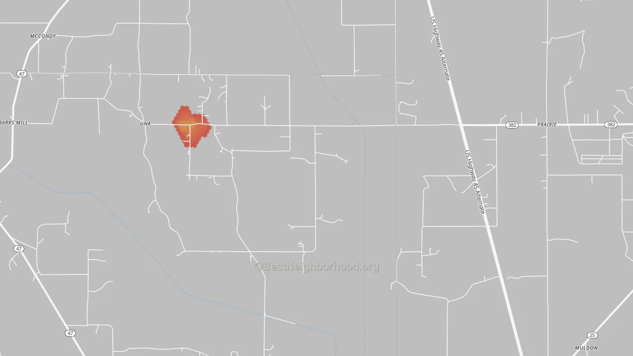 Walk Grade map of 39756, MS, walkable areas in green and car-dependent areas in red