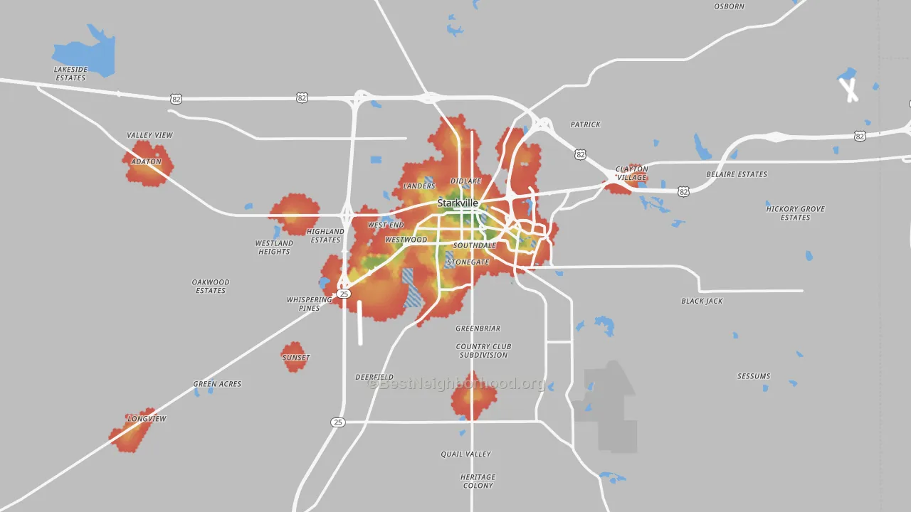 Walk Grade map of 39759, MS, walkable areas in green and car-dependent areas in red