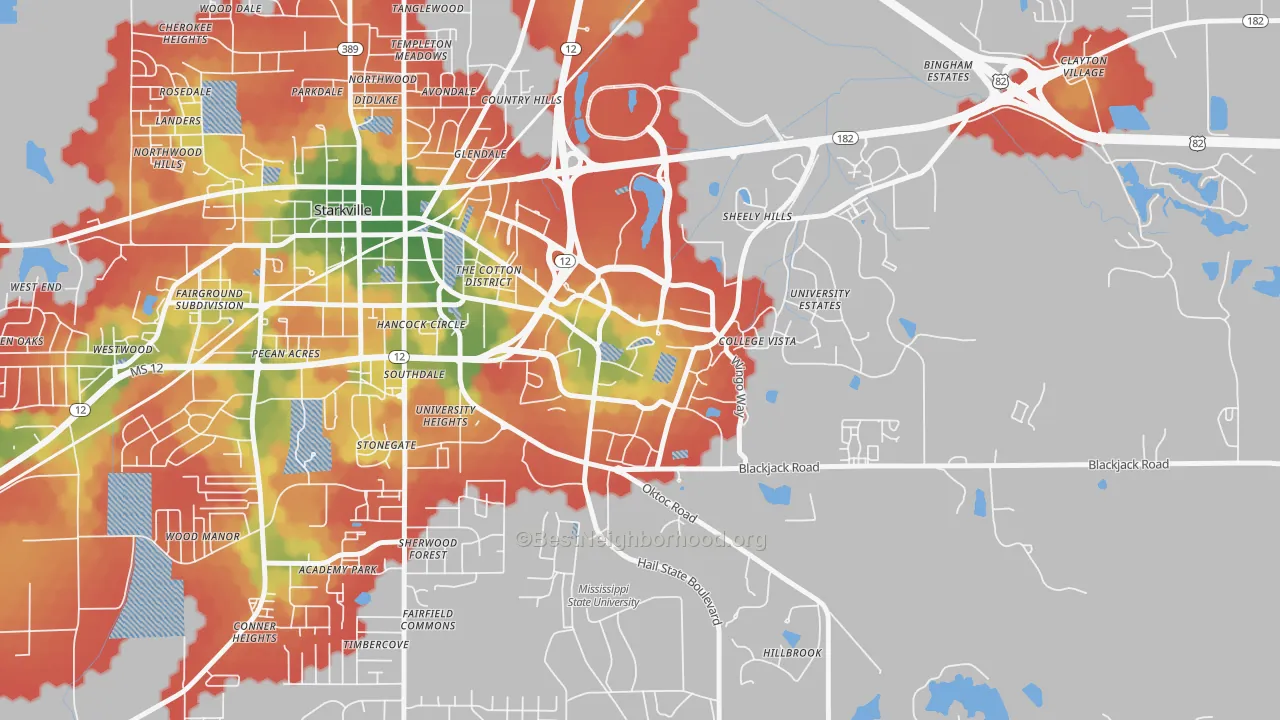 Walk Grade map of 39762, MS, walkable areas in green and car-dependent areas in red