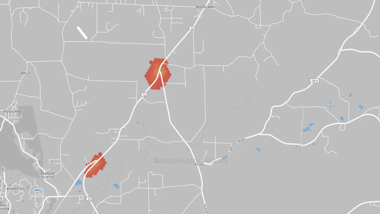 Walk Grade map of 39766, MS, walkable areas in green and car-dependent areas in red