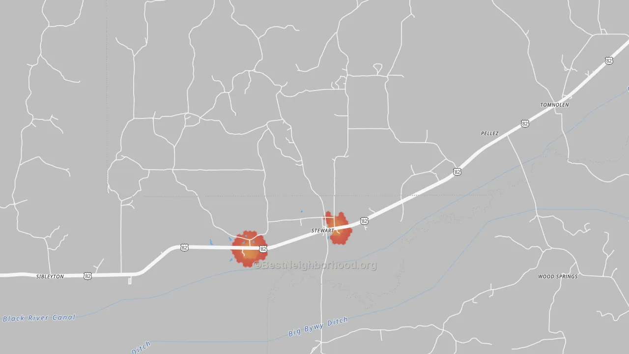Walk Grade map of 39767, MS, walkable areas in green and car-dependent areas in red