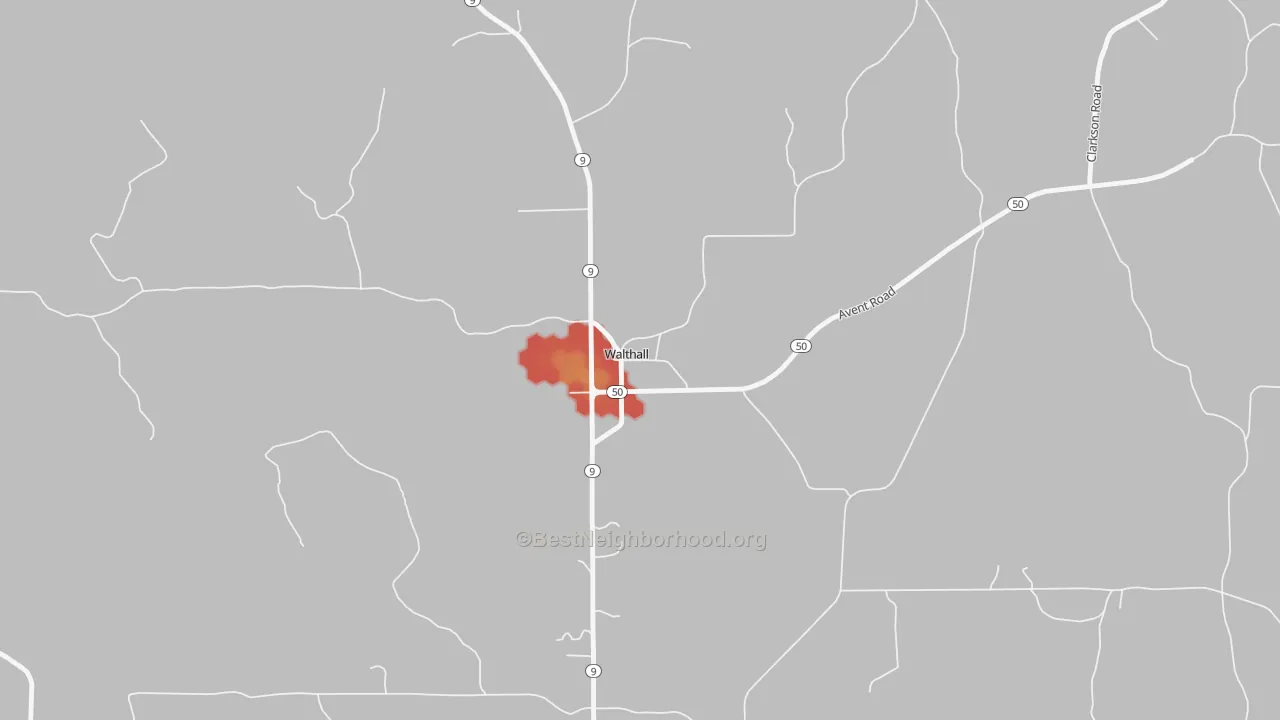 Walk Grade map of 39771, MS, walkable areas in green and car-dependent areas in red