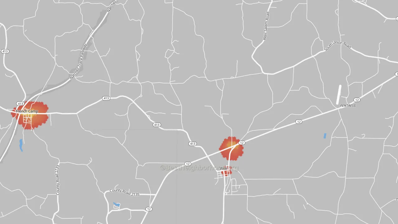 Walk Grade map of 39772, MS, walkable areas in green and car-dependent areas in red