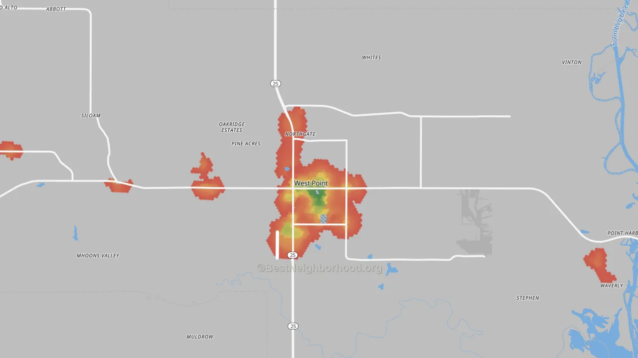 Walk Grade map of 39773, MS, walkable areas in green and car-dependent areas in red
