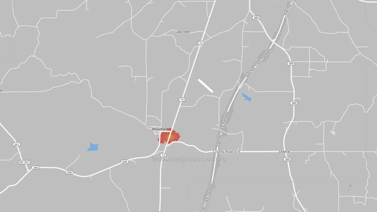 Walk Grade map of 39776, MS, walkable areas in green and car-dependent areas in red