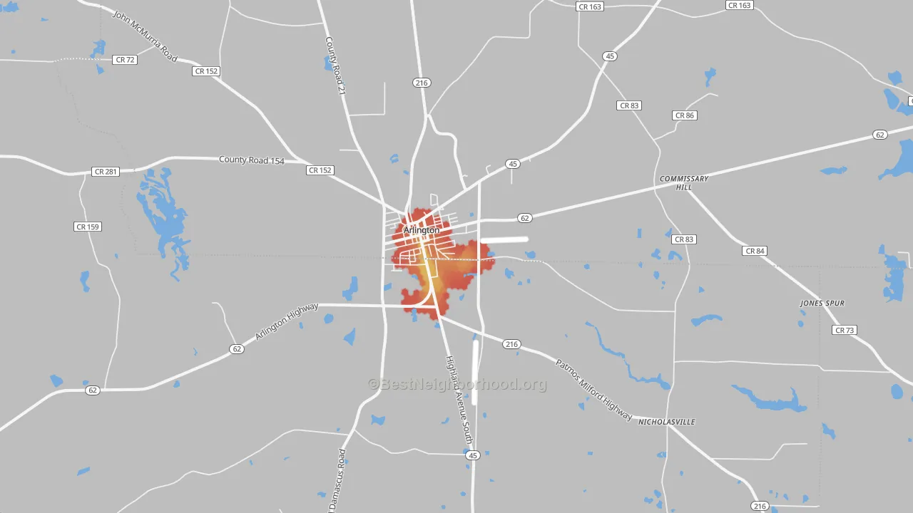 Walk Grade map of 39813, GA, walkable areas in green and car-dependent areas in red