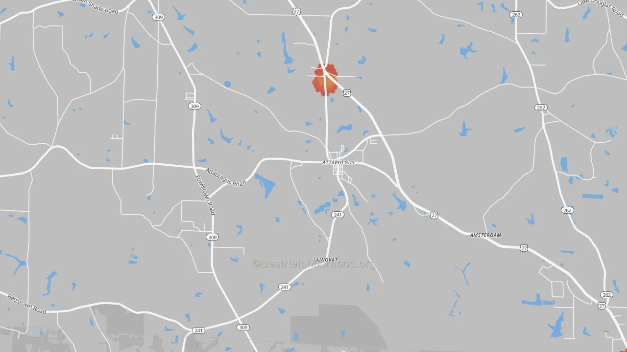 Walk Grade map of 39815, GA, walkable areas in green and car-dependent areas in red