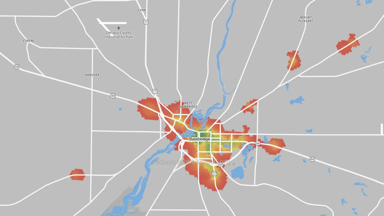 Walk Grade map of 39817, GA, walkable areas in green and car-dependent areas in red