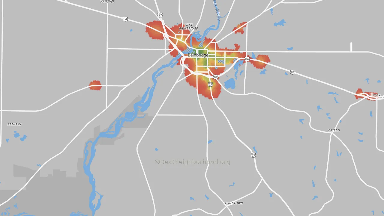 Walk Grade map of 39819, GA, walkable areas in green and car-dependent areas in red