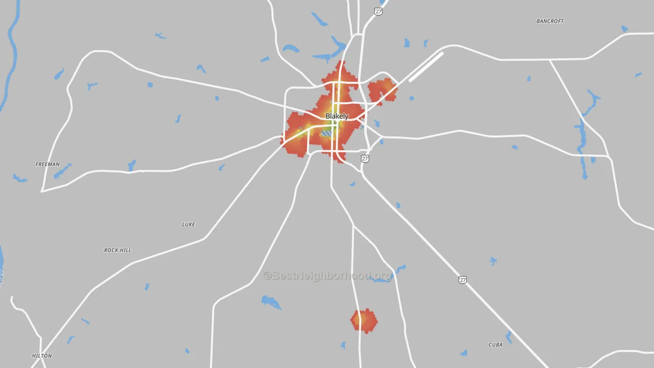 Walk Grade map of 39823, GA, walkable areas in green and car-dependent areas in red