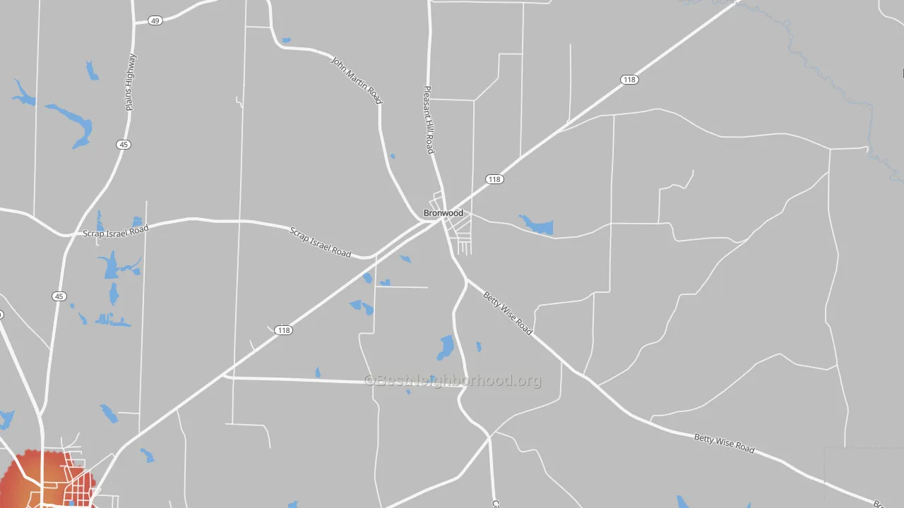 Walk Grade map of 39826, GA, walkable areas in green and car-dependent areas in red