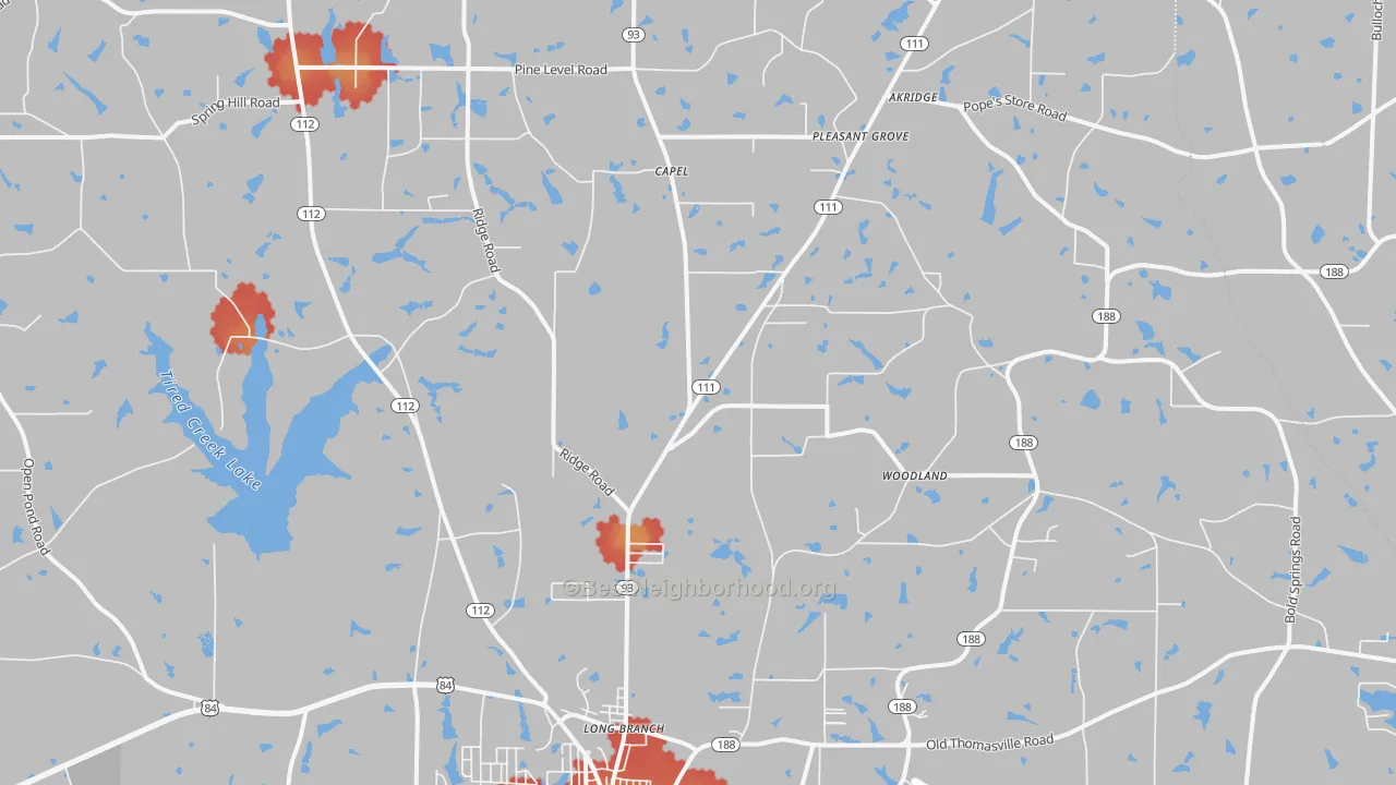 Walk Grade map of 39827, GA, walkable areas in green and car-dependent areas in red