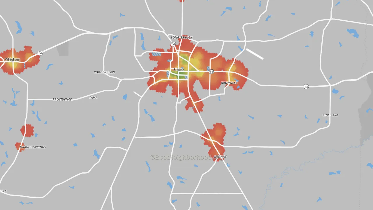 Walk Grade map of 39828, GA, walkable areas in green and car-dependent areas in red