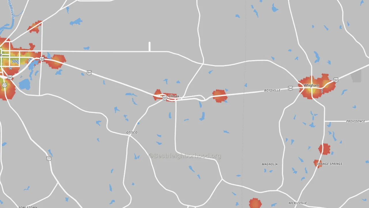 Walk Grade map of 39834, GA, walkable areas in green and car-dependent areas in red