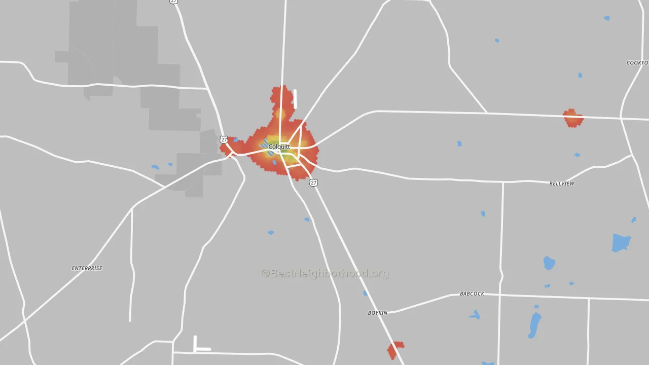 Walk Grade map of 39837, GA, walkable areas in green and car-dependent areas in red
