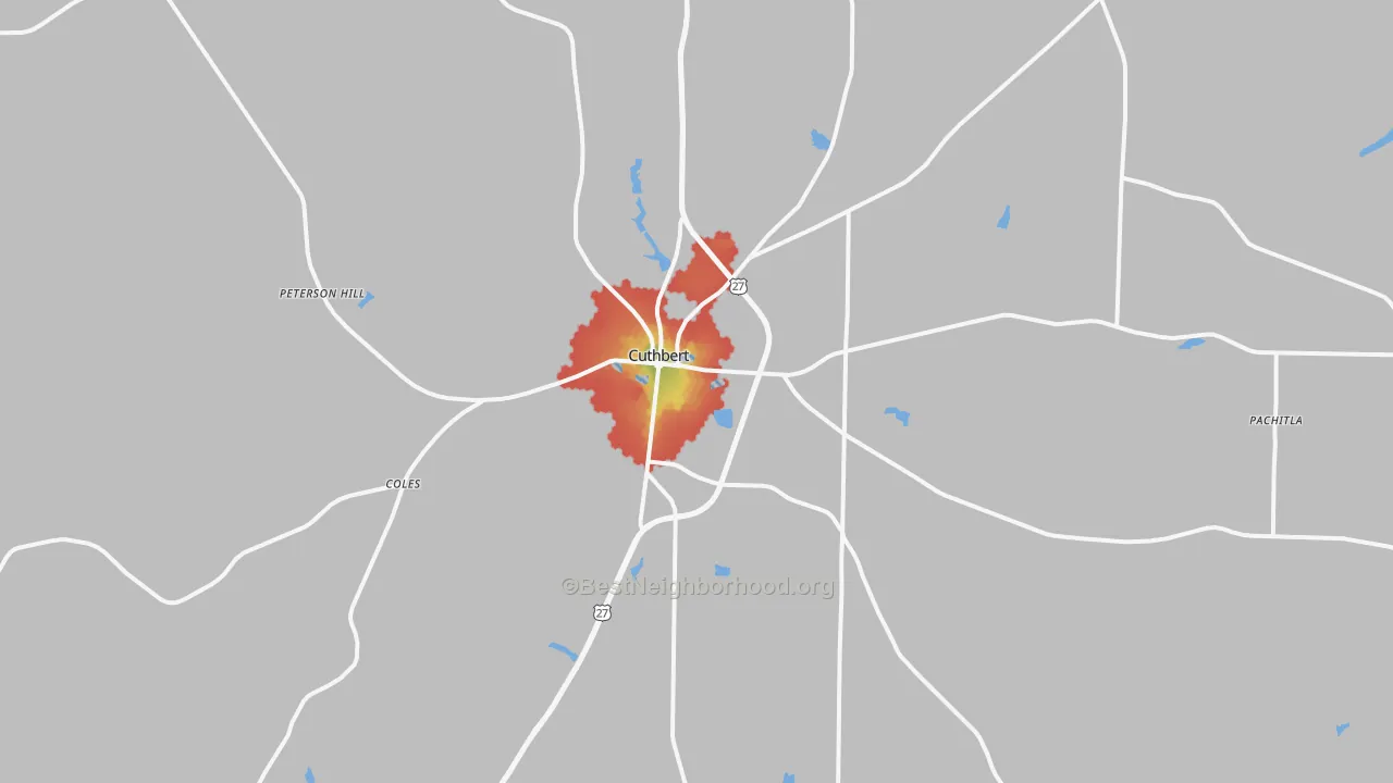 Walk Grade map of 39840, GA, walkable areas in green and car-dependent areas in red