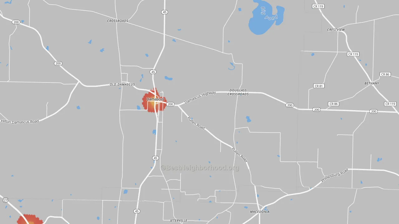 Walk Grade map of 39841, GA, walkable areas in green and car-dependent areas in red
