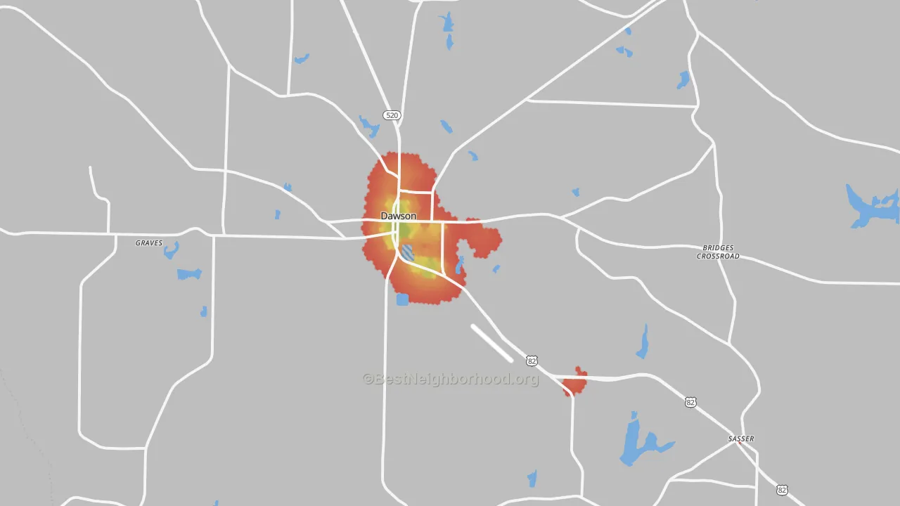 Walk Grade map of 39842, GA, walkable areas in green and car-dependent areas in red