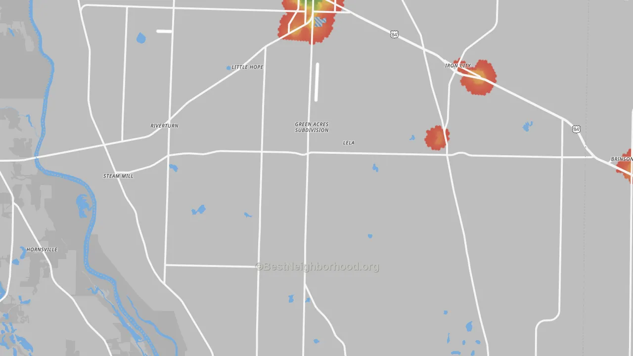 Walk Grade map of 39845, GA, walkable areas in green and car-dependent areas in red