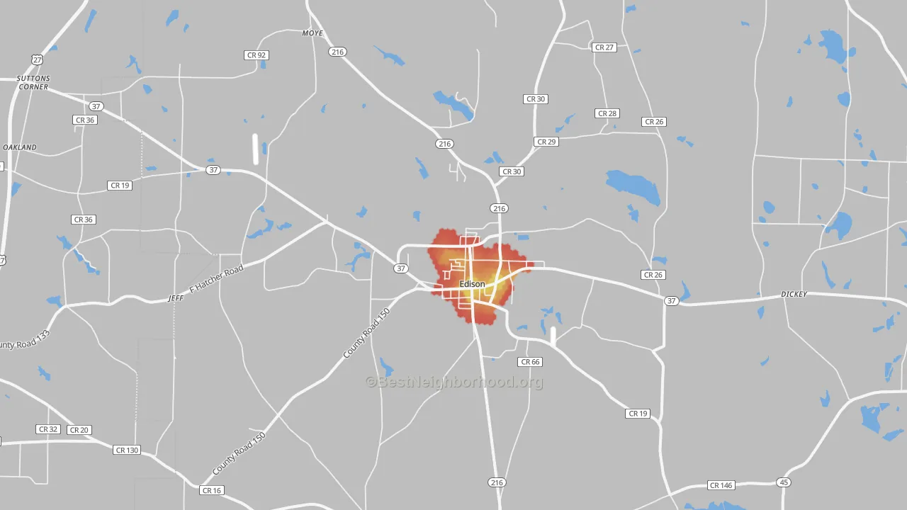 Walk Grade map of 39846, GA, walkable areas in green and car-dependent areas in red