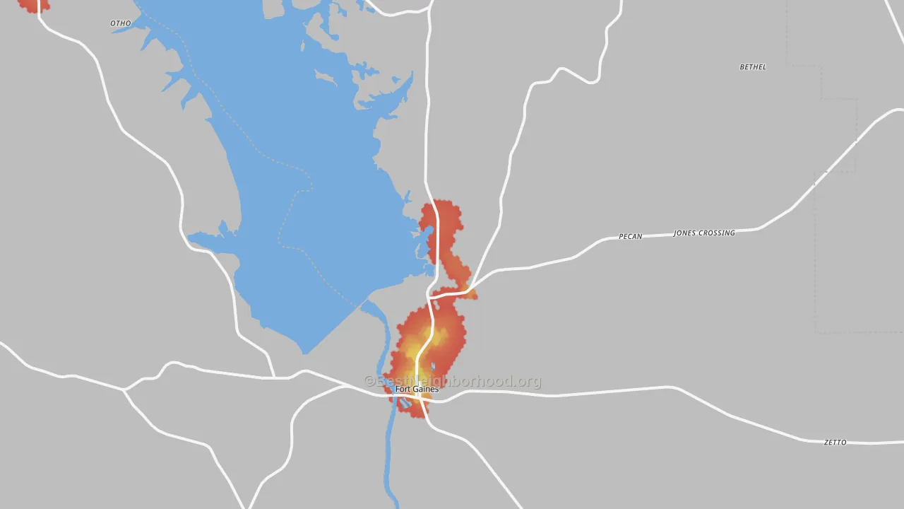 Walk Grade map of 39851, GA, walkable areas in green and car-dependent areas in red