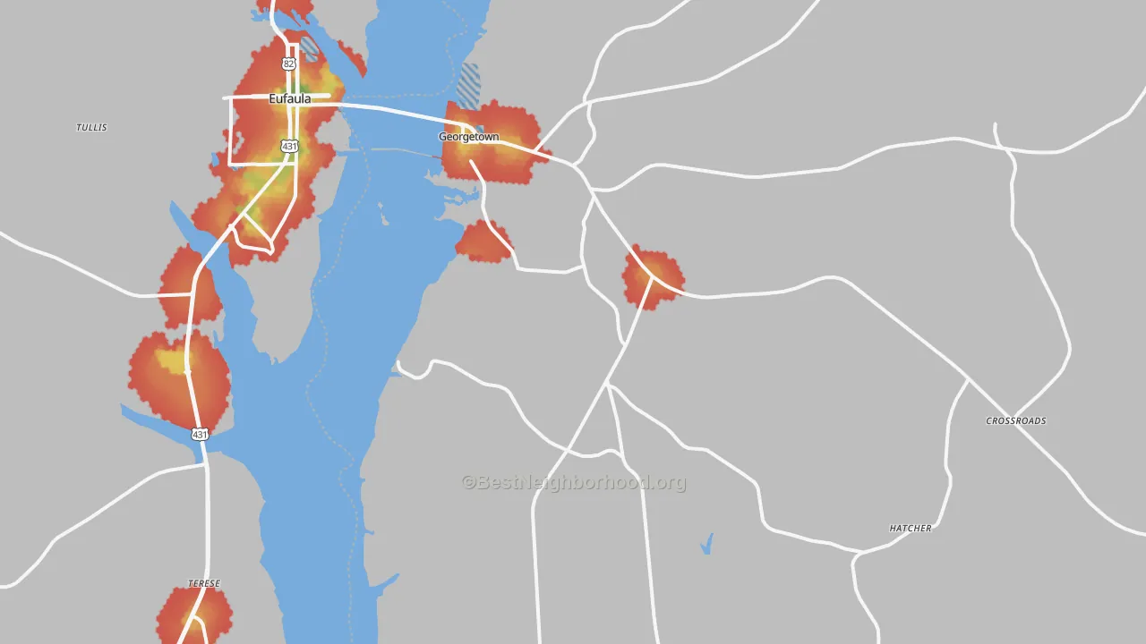 Walk Grade map of 39854, GA, walkable areas in green and car-dependent areas in red