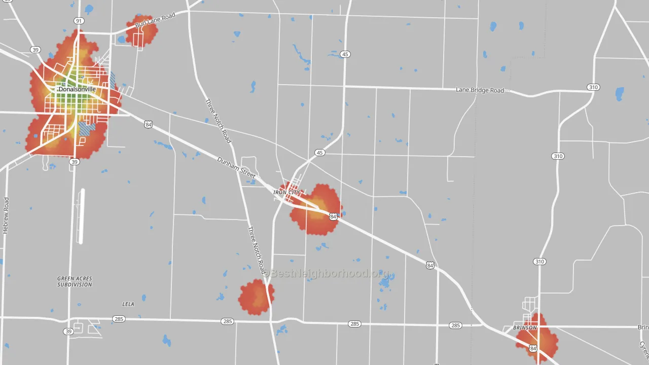 Walk Grade map of 39859, GA, walkable areas in green and car-dependent areas in red