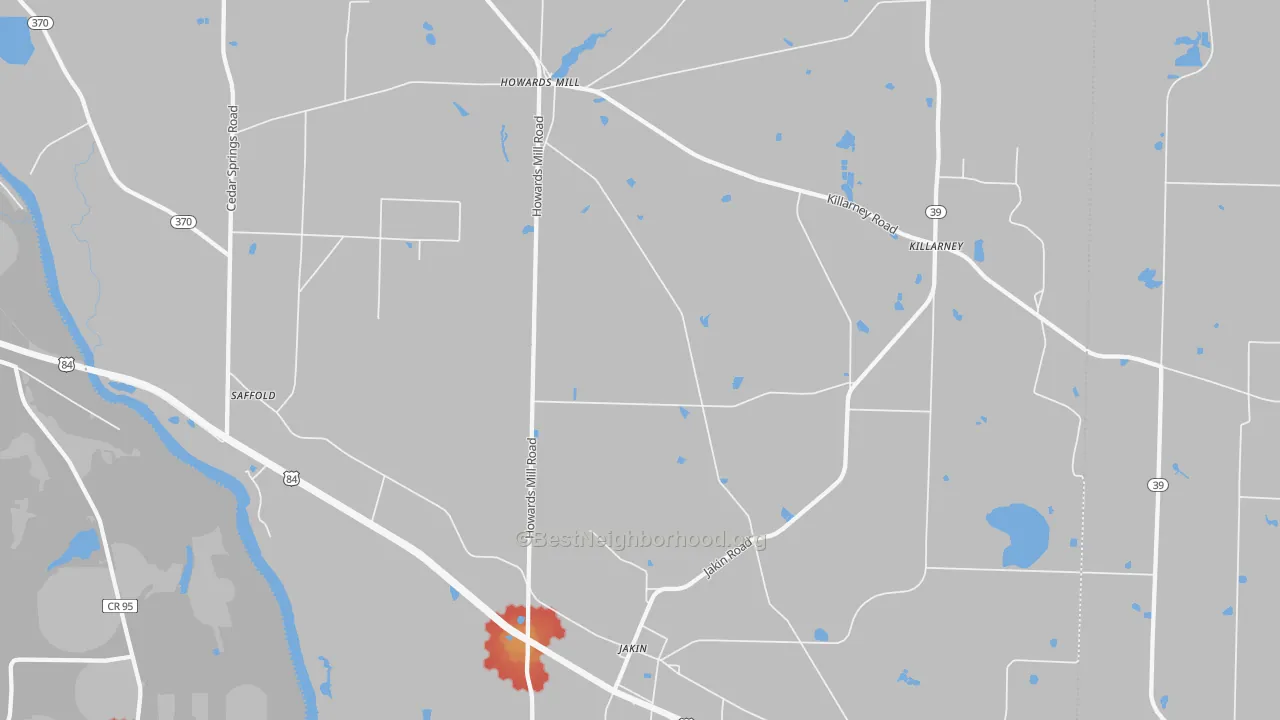 Walk Grade map of 39861, GA, walkable areas in green and car-dependent areas in red