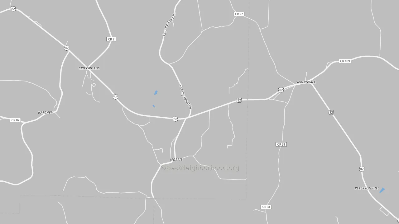 Walk Grade map of 39867, GA, walkable areas in green and car-dependent areas in red