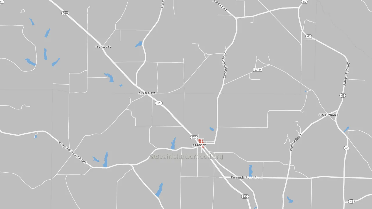 Walk Grade map of 39877, GA, walkable areas in green and car-dependent areas in red