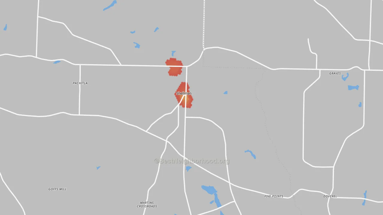 Walk Grade map of 39886, GA, walkable areas in green and car-dependent areas in red