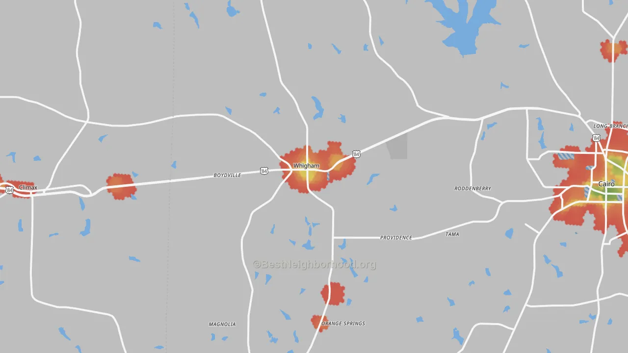 Walk Grade map of 39897, GA, walkable areas in green and car-dependent areas in red