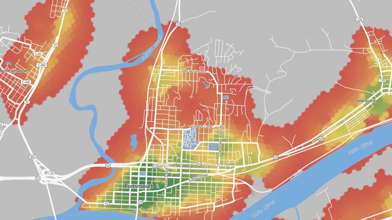 Walk Grade map of 3rd Ward, Portsmouth, OH, walkable areas in green and car-dependent areas in red