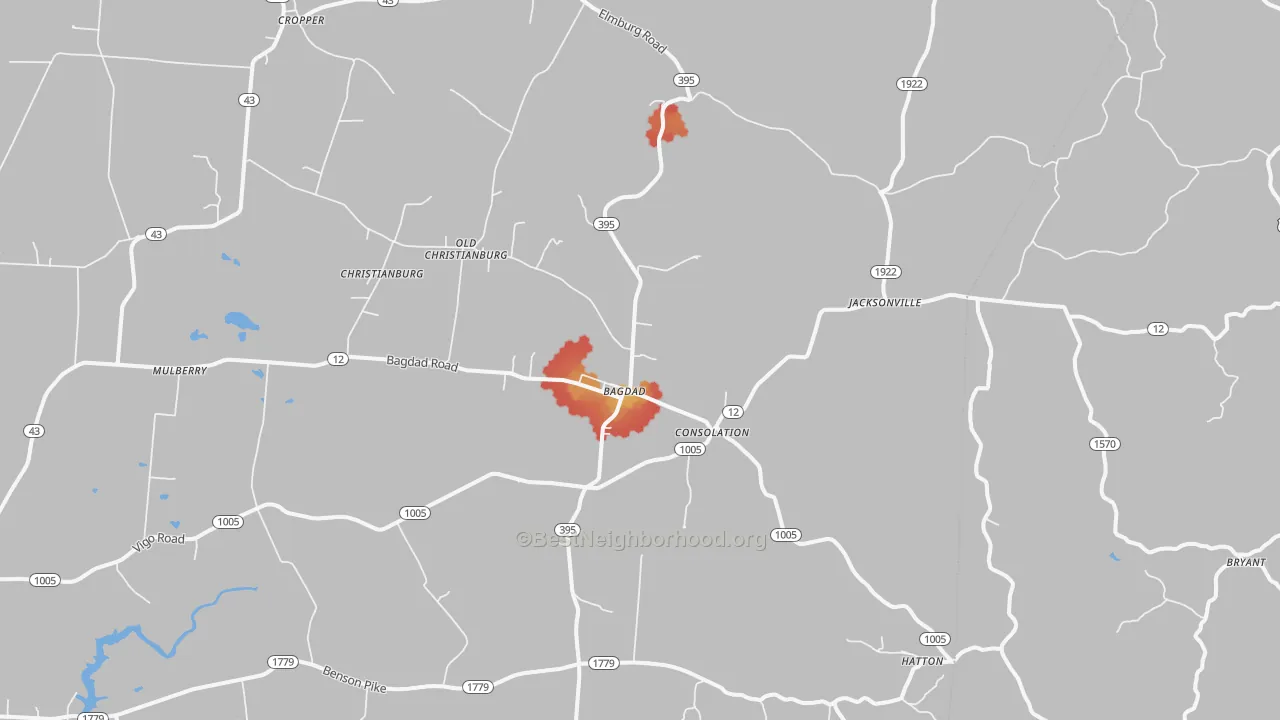 Walk Grade map of 40003, KY, walkable areas in green and car-dependent areas in red