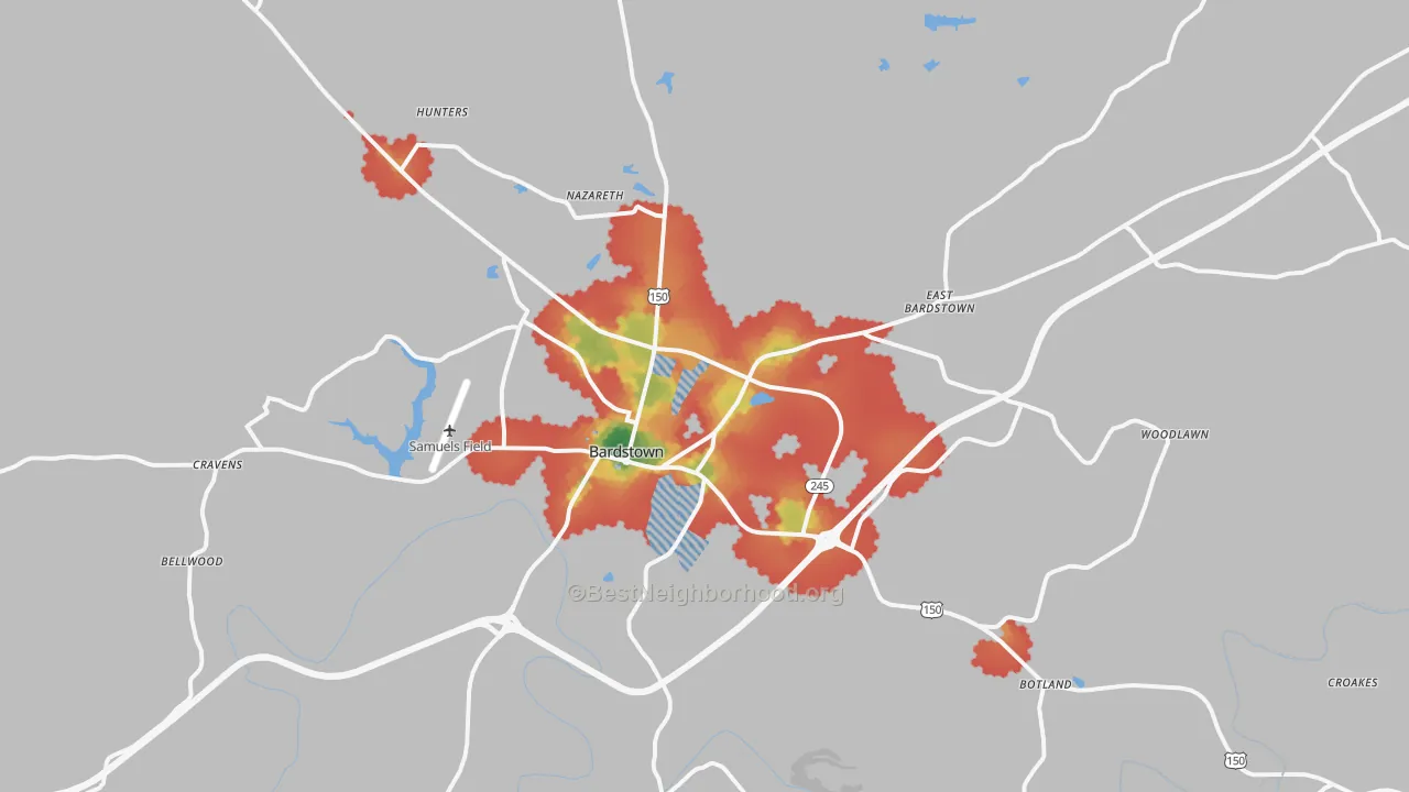 Walk Grade map of 40004, KY, walkable areas in green and car-dependent areas in red