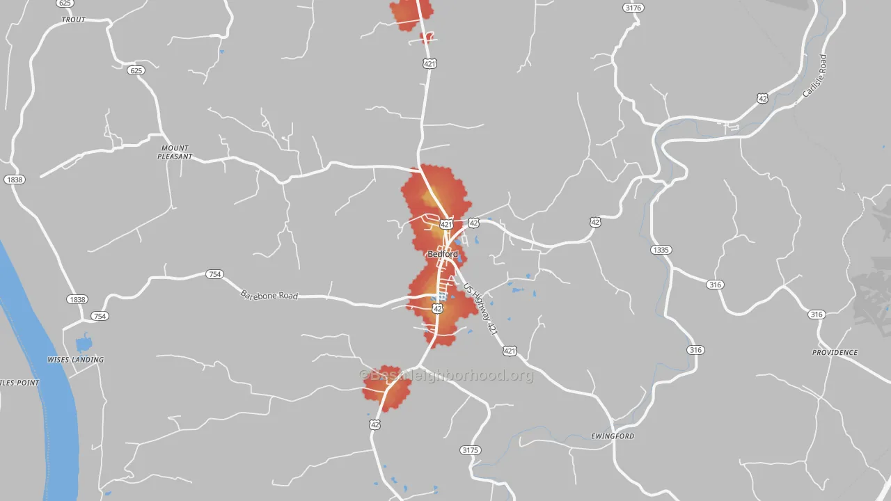 Walk Grade map of 40006, KY, walkable areas in green and car-dependent areas in red