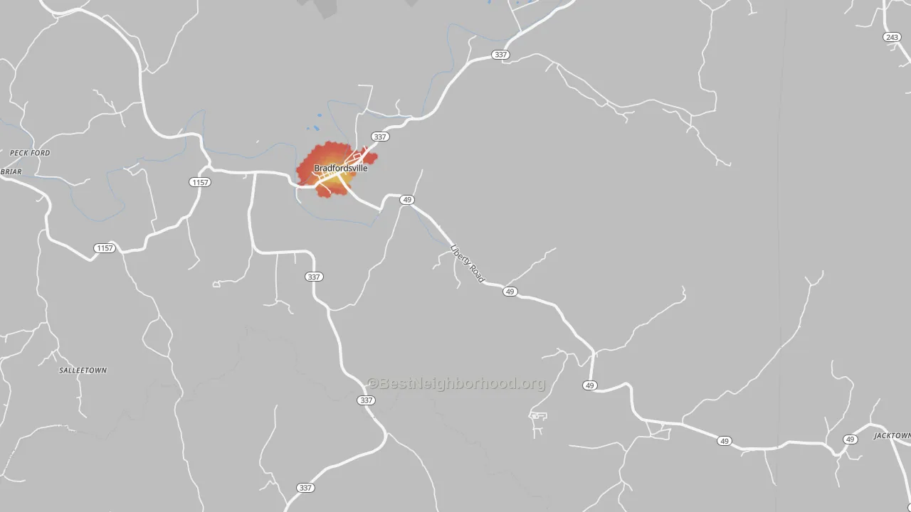 Walk Grade map of 40009, KY, walkable areas in green and car-dependent areas in red