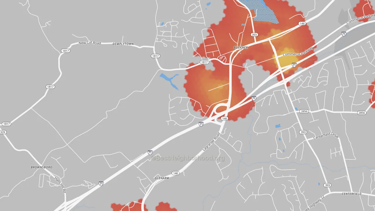Walk Grade map of 40010, KY, walkable areas in green and car-dependent areas in red