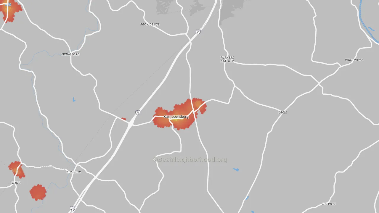Walk Grade map of 40011, KY, walkable areas in green and car-dependent areas in red